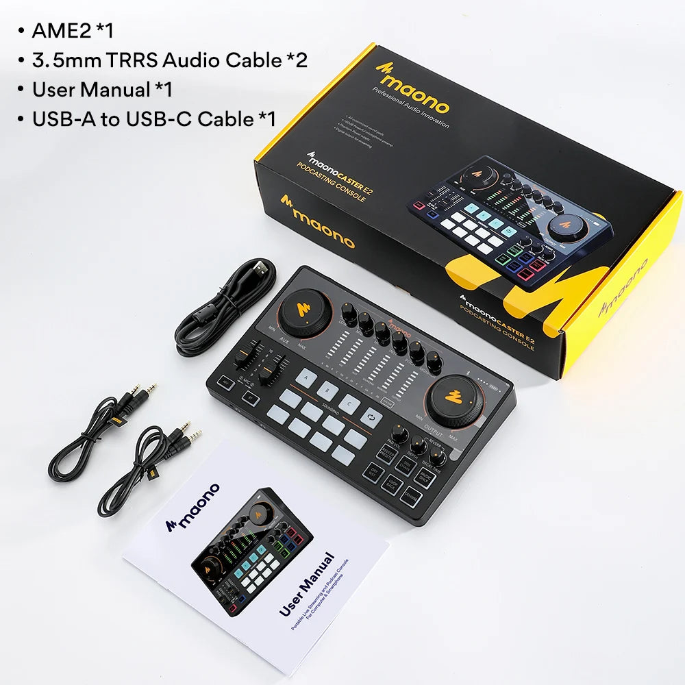 Maono AME2 Audio Interface Sound Card DJ Mixer All in One Portable Podcast Studio