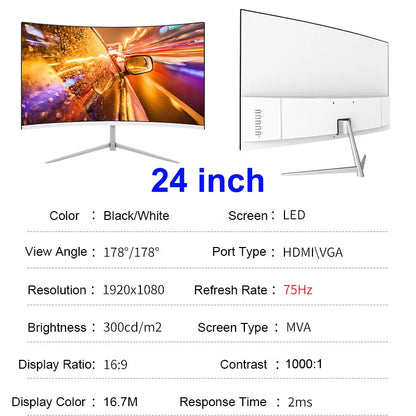 24 Inch Curved 75Hz Monitor Gaming VA FHD 1080P Computer