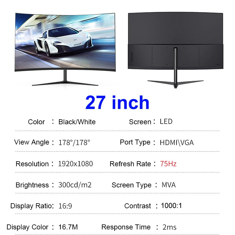 24 Inch Curved 75Hz Monitor Gaming VA FHD 1080P Computer