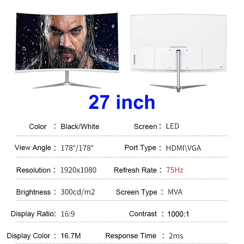 24 Inch Curved 75Hz Monitor Gaming VA FHD 1080P Computer