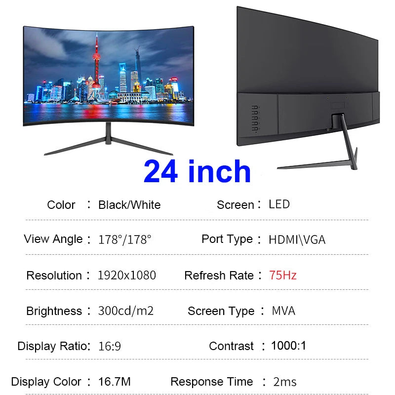 24 Inch Curved 75Hz Monitor Gaming VA FHD 1080P Computer