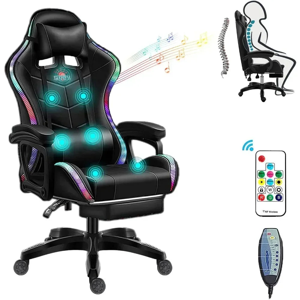 Gaming Chair with Massage and Footrest Large  with Speakers and LED Light Effect, 90°-135° Adjustable Reclining Gamer Chair