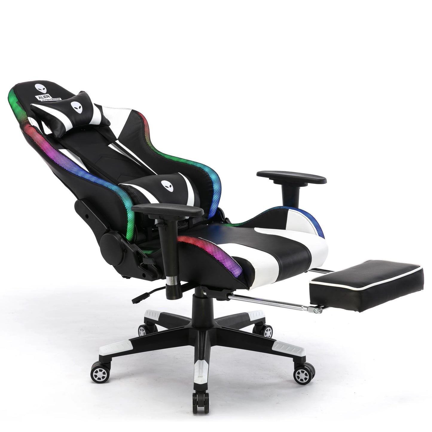 Cyber Cafe Gaming Chair Ergonomic Reclinable Swivel Black White Gaming Chair with Footrest and RGB LED Light Home and Office