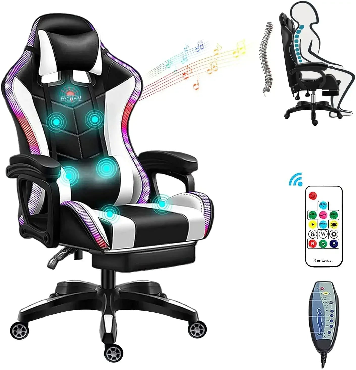 Gaming Chair with Massage and Footrest Large  with Speakers and LED Light Effect, 90°-135° Adjustable Reclining Gamer Chair