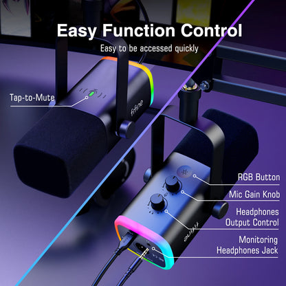 FIFINE XLR/USB Gaming Microphone Kit with Headphone Jack/Mute/RGB /Arm Stand