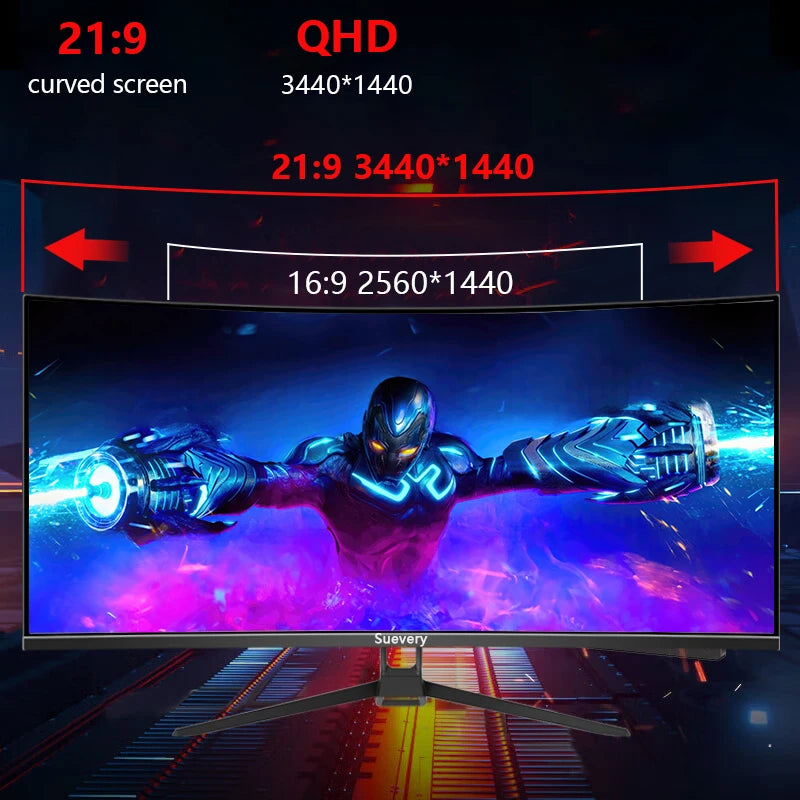 2025 Suevery Monitor 34'' 144Hz Bandfish Screen Curved 1500R Gaming Bezel-less Slim 400HDR Nits 100% SRGB Wide Color Gamut FAsT