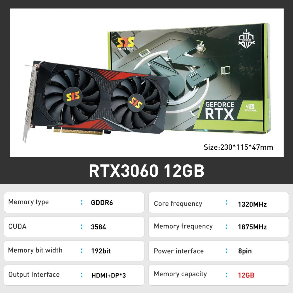 SEJISHI RTX 3060 12G Graphics Card NVIDIA GPU GDDR6 192bit 8Pin HDMI*1 DP*3 PCI-E 4.0 rtx3060 12GB