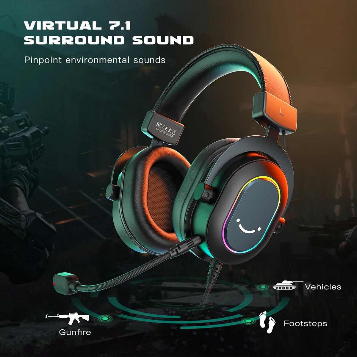 Fifine Dynamic RGB Gaming Headset with Mic Over-Ear Headphones 7.1 Surround Sound