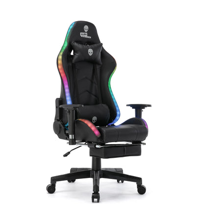 Cyber Cafe Gaming Chair Ergonomic Reclinable Swivel Black White Gaming Chair with Footrest and RGB LED Light Home and Office