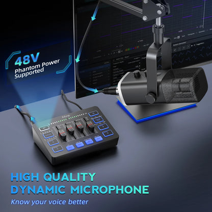 FIFINE All-in-One Podcast Kit with RGB Audio Mixer,Streaming Studio Set with Dynamic Mic for PC Gaming Recording-Ampligame KS5