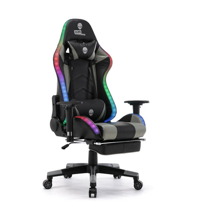 Cyber Cafe Gaming Chair Ergonomic Reclinable Swivel Black White Gaming Chair with Footrest and RGB LED Light Home and Office