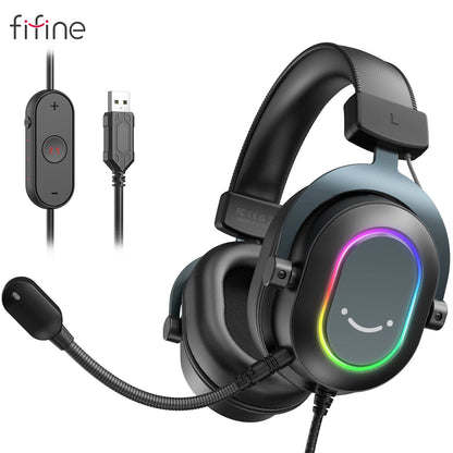 Fifine Dynamic RGB Gaming Headset with Mic Over-Ear Headphones 7.1 Surround Sound