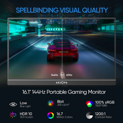 New ARZOPA 16.1'' 144hz 1080P 100% sRGB FHD Portable Gaming Monitor HDR