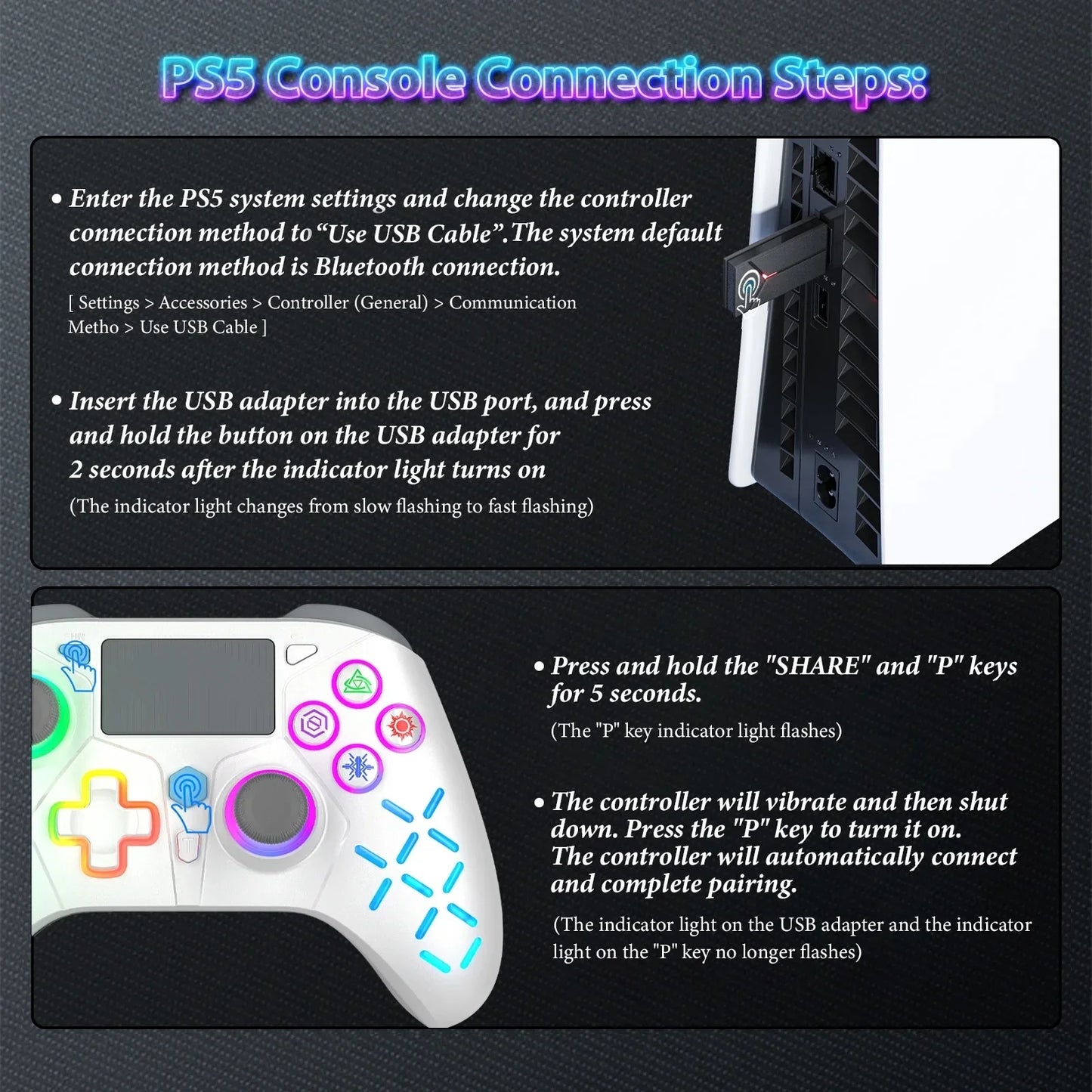 Playstation5 Controller  LED RGB Vibration Function Turbo Wireless Gamepad