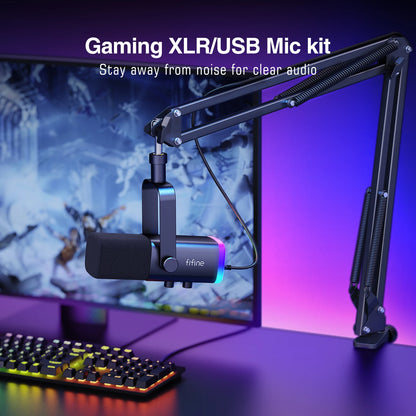 FIFINE XLR/USB Gaming Microphone Kit with Headphone Jack/Mute/RGB /Arm Stand