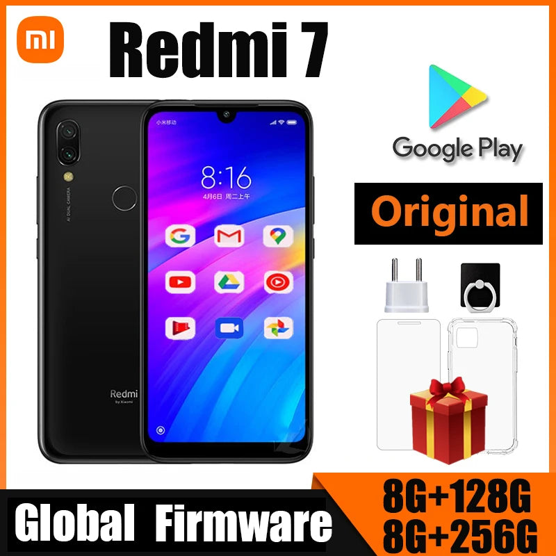 Xiaomi Redmi 7 Cellphone with Phone Case, Dual SIM Solt, Android, Dual Camera