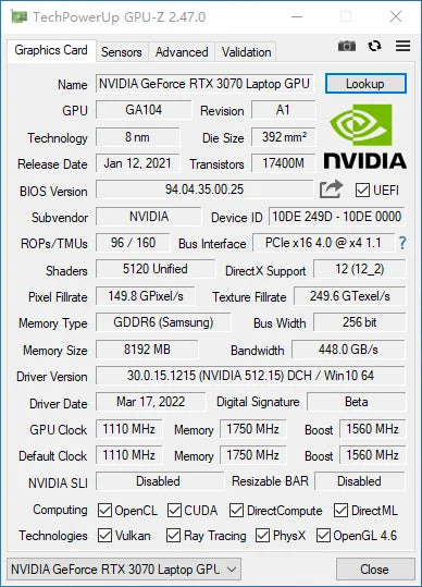 RTX 3070 8GB Graphics Card Non LHR 256Bit GDDR6 Computer Gaming Video Cards Nvidia RTX 3070M Mining GPU 65-68Mhs