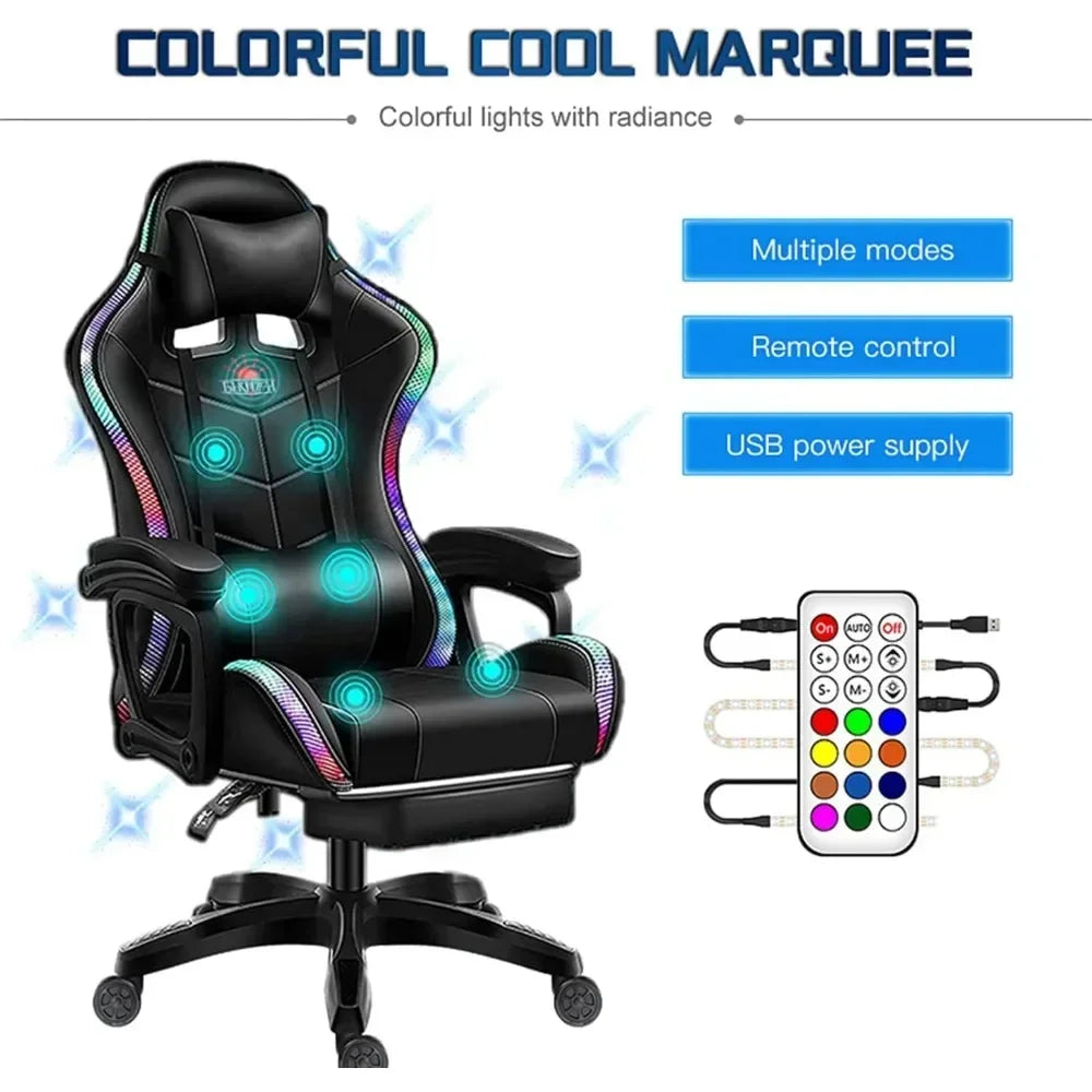 Gaming Chair with Massage and Footrest Large  with Speakers and LED Light Effect, 90°-135° Adjustable Reclining Gamer Chair