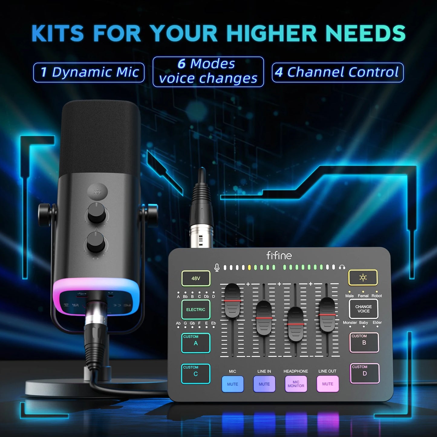 FIFINE All-in-One Podcast Kit with RGB Audio Mixer,Streaming Studio Set with Dynamic Mic for PC Gaming Recording-Ampligame KS5