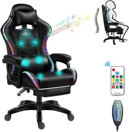 Gaming Chair with Massage and Footrest Large  with Speakers and LED Light Effect, 90°-135° Adjustable Reclining Gamer Chair