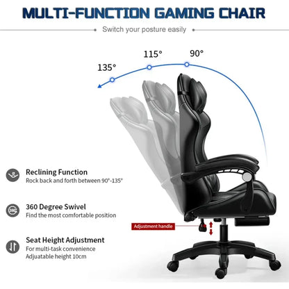 Gaming Chair with Massage and Footrest Large  with Speakers and LED Light Effect, 90°-135° Adjustable Reclining Gamer Chair