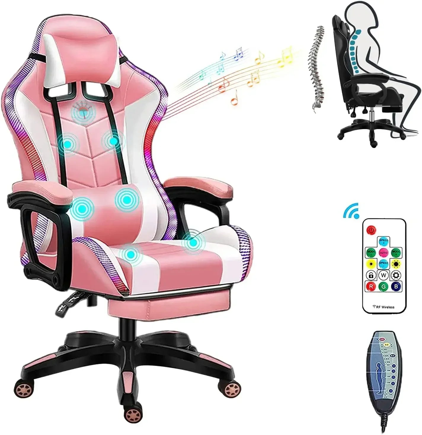 Gaming Chair with Massage and Footrest Large  with Speakers and LED Light Effect, 90°-135° Adjustable Reclining Gamer Chair