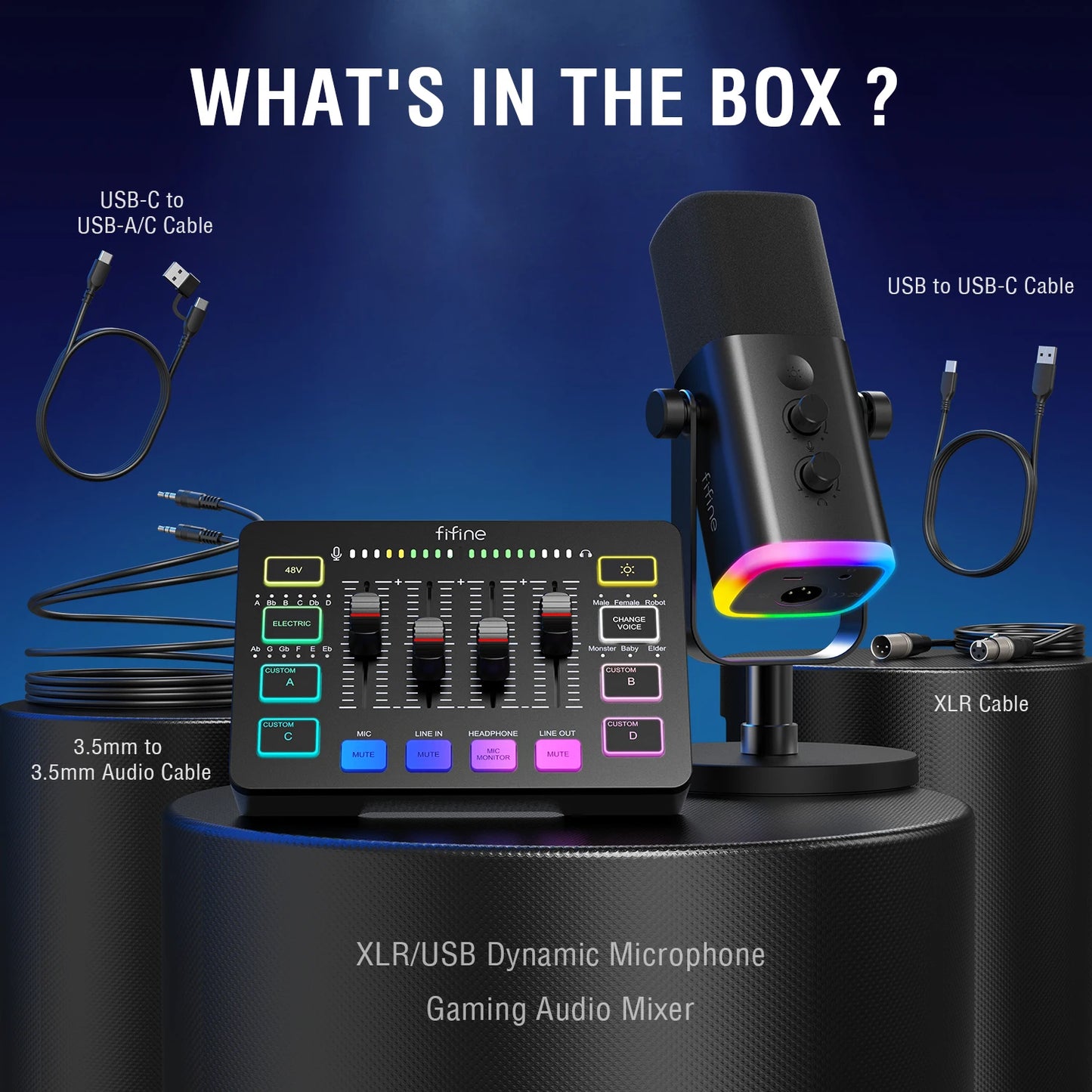 FIFINE All-in-One Podcast Kit with RGB Audio Mixer,Streaming Studio Set with Dynamic Mic for PC Gaming Recording-Ampligame KS5