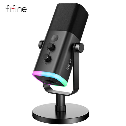 FIFINE USB/XLR Dynamic Microphone with Touch Mute Button,Headphone jack,I/O Controls,for PC PS5/4