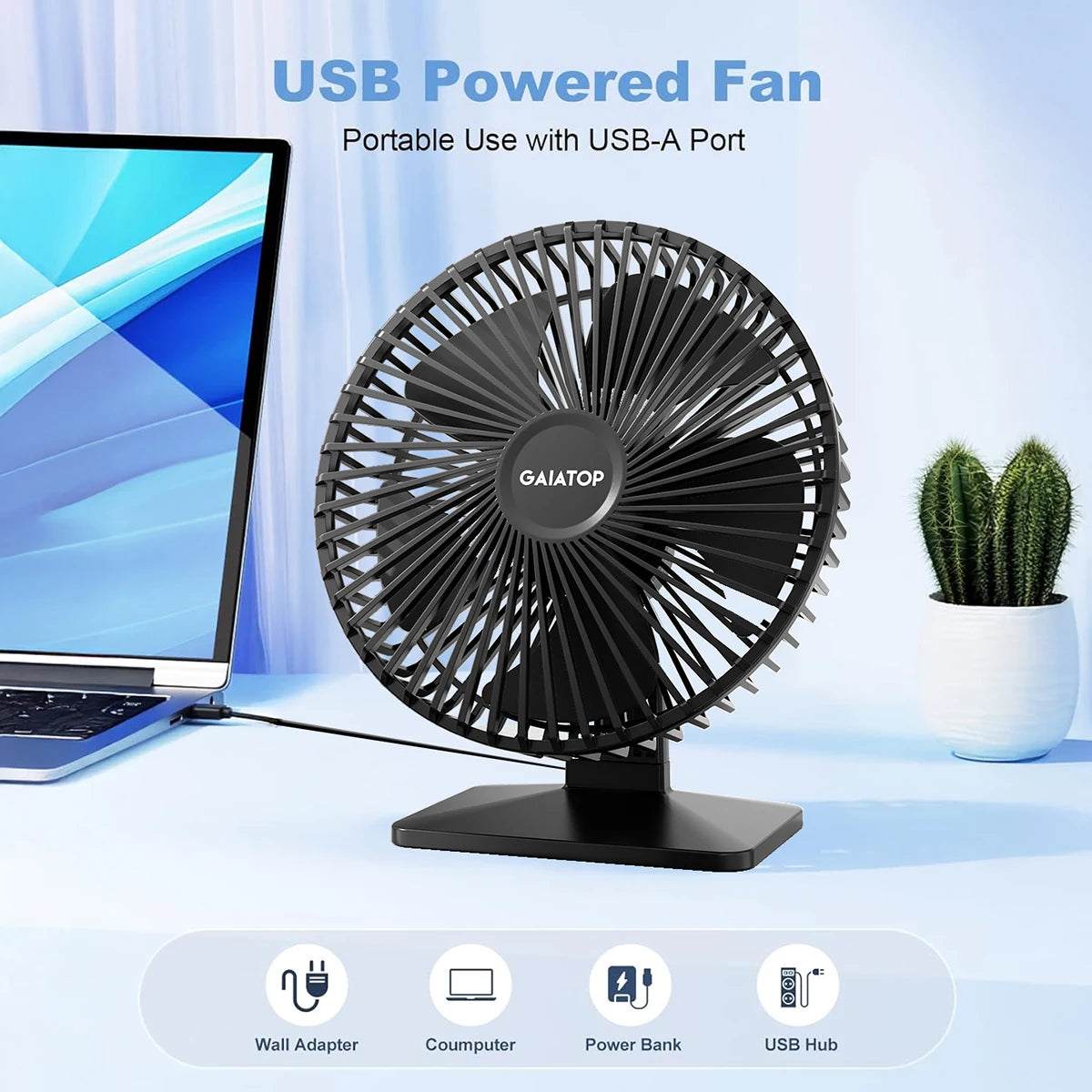 GAIATOP Desk Fan Portable USB Fan 90° Adjustable Cooling Fan Mute 4 Speed