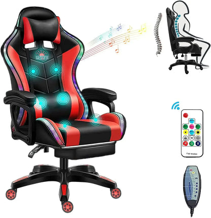 Gaming Chair with Massage and Footrest Large  with Speakers and LED Light Effect, 90°-135° Adjustable Reclining Gamer Chair