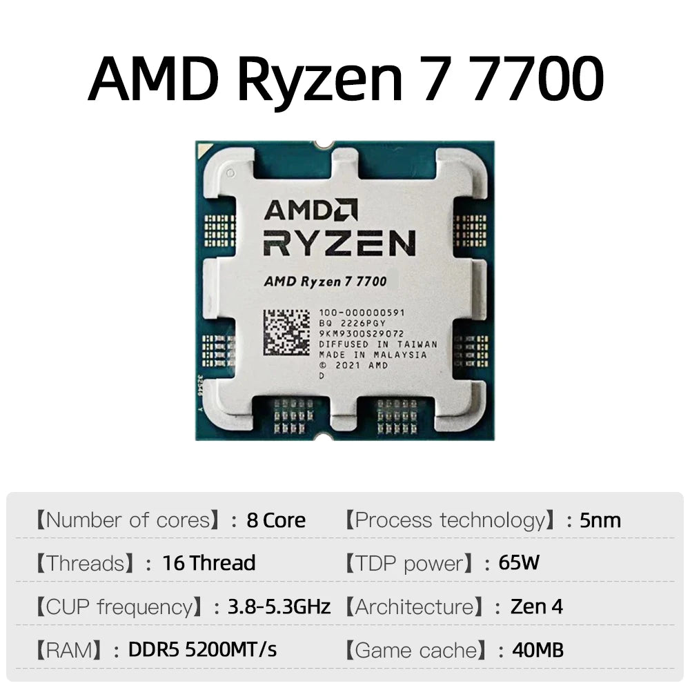 AMD Ryzen 7 7700 R7 7700 4.5 GHz 8-Core 16-Thread CPU Processor 5NM L3=32M  Socket AM5  Sealed Without cooler