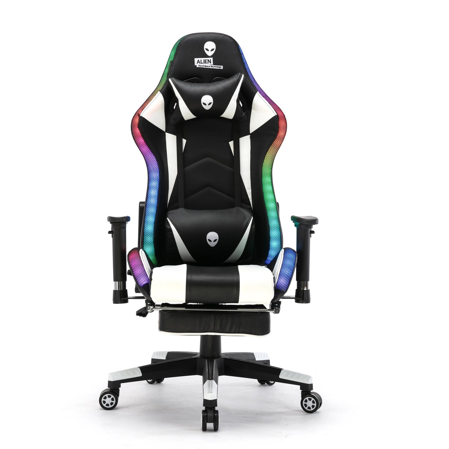 Cyber Cafe Gaming Chair Ergonomic Reclinable Swivel Black White Gaming Chair with Footrest and RGB LED Light Home and Office